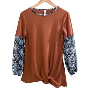 Rust Orange Thermal Top with Front Twist Reptile Sleeves S Boho Western Tribal